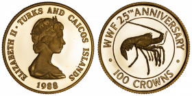 ILES TURKS ET CAIQUES
Élisabeth II (depuis 1952). 100 crowns 1988.
Fr.26 ; Or - 10 g - 25 mm - 12 h 
Superbe à Fleur de coin.