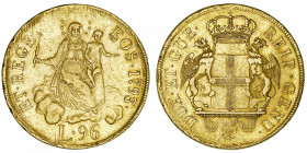 ITALIE
Gênes, République (1528-1797). 96 lire 1793, Gênes.
Fr.444 - KM.251 - MIR.275/5 ; Or - 25,11 g - 33 mm - 6 h 
Choc sur la tranche à 11 h. TT...