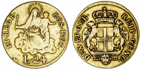 ITALIE
Gênes, République (1528-1797). 24 lire 1793, Gênes.
Fr.446 ; Or - 6,17 g - 23 mm - 6 h 
Usure régulière. TB.