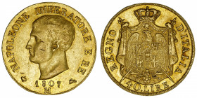 ITALIE
Milan, royaume d’Italie, Napoléon Ier (1805-1814). 40 lire, tranche en relief 1807, M, Milan.
M.190 - Pag.10 - G.IT.31 - Fr.4a ; Or - 12,83 g...