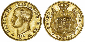 ITALIE
Milan, royaume d’Italie, Napoléon Ier (1805-1814). 40 lire, 2e type, tranche en creux 1814, M, Milan.
M.203 - Pag.17 - G.IT.32 - Fr.5 ; Or - ...