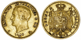ITALIE
Milan, royaume d’Italie, Napoléon Ier (1805-1814). 20 lire 1808, M, Milan.
Fr.7 ; Or - 6,38 g - 21 mm - 6 h 
TB à TTB.