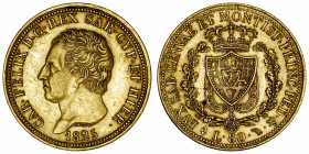ITALIE
Savoie-Sardaigne, Charles-Félix (1821-1831). 80 lire 1825, Tête d’aigle, Turin.
Cud.1143d - Pag.26 - Fr.1132 ; Or - 25,77 g - 33 mm - 6 h 
B...