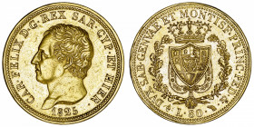 ITALIE
Savoie-Sardaigne, Charles-Félix (1821-1831). 80 lire 1825, Tête d’aigle, Turin.
Fr.1132 ; Or - 25,76 g - 33 mm - 6 h 
Superbe.