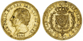 ITALIE
Savoie-Sardaigne, Charles-Félix (1821-1831). 80 lire 1825, ancre, Gênes.
Fr.1133 ; Or - 25,80 g - 33 mm - 6 h 
TTB.