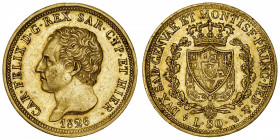 ITALIE
Savoie-Sardaigne, Charles-Félix (1821-1831). 80 lire 1826, Tête d’aigle, Turin.
Fr.1132 ; Or - 25,80 g - 33 mm - 6 h 
Beau TTB.