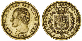 ITALIE
Savoie-Sardaigne, Charles-Félix (1821-1831). 80 lire 1828, Tête d’aigle, Turin.
Fr.1132 ; Or - 25,65 g - 33 mm - 6 h 
TTB.