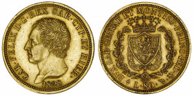 ITALIE
Savoie-Sardaigne, Charles-Félix (1821-1831). 80 lire 1828, Tête d’aigle, Turin.
Fr.1132 ; Or - 25,81 g - 33 mm - 6 h 
Superbe.