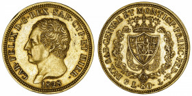 ITALIE
Savoie-Sardaigne, Charles-Félix (1821-1831). 80 lire 1828, ancre, Gênes.
Fr.1133 ; Or - 25,75 g - 33 mm - 6 h 
TTB.