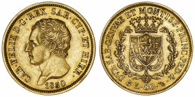 ITALIE
Savoie-Sardaigne, Charles-Félix (1821-1831). 80 lire 1830, Tête d’aigle, Turin.
Fr.1132 ; Or - 25,71 g - 33 mm - 6 h 
TTB.