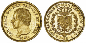 ITALIE
Savoie-Sardaigne, Charles-Félix (1821-1831). 80 lire 1830, ancre, Gênes.
Fr.1133 ; Or - 25,82 g - 33 mm - 6 h 
Brossé. TTB.