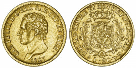 ITALIE
Savoie-Sardaigne, Charles-Félix (1821-1831). 20 lire 1827, Tête d’aigle, Turin.
Fr.1136 ; Or - 6,37 g - 21 mm - 6 h 
TTB.