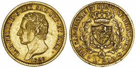 ITALIE
Savoie-Sardaigne, Charles-Félix (1821-1831). 20 lire 1828, Tête d’aigle, Turin.
Fr.1136 ; Or - 6,40 g - 21 mm - 6 h 
TTB.