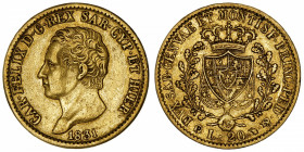 ITALIE
Savoie-Sardaigne, Charles-Félix (1821-1831). 20 lire 1831, Tête d’aigle, Turin.
Fr.1136 ; Or - 6,45 g - 21 mm - 6 h 
TTB.