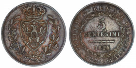 ITALIE
Savoie-Sardaigne, Charles-Félix (1821-1831). 5 centesimi 1826, Gênes.
KM.127.2 ; Cuivre - 9,51 g - 28 mm - 6 h 
TTB.