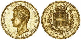 ITALIE
Savoie-Sardaigne, Charles-Albert (1831-1849). 100 lire 1832, Gênes.
Fr.1139 ; Or - 32,22 g - 34 mm - 6 h 
TTB à Superbe.