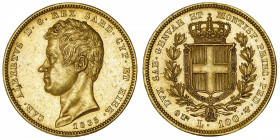 ITALIE
Savoie-Sardaigne, Charles-Albert (1831-1849). 100 lire 1835, Turin.
Fr.1138 ; Or - 32,25 g - 34 mm - 6 h 
Beau brillant d’origine. Superbe....