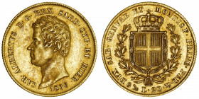 ITALIE
Savoie-Sardaigne, Charles-Albert (1831-1849). 20 lire 1836, ancre, Gênes.
Fr.1143 ; Or - 6,43 g - 21 mm - 6 h 
Avec son brillant. Superbe.