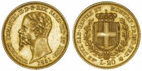 ITALIE
Savoie-Sardaigne, Victor-Emmanuel II (1849-1861). 20 lire 1851, ancre, Gênes.
Fr.1147 ; Or - 6,44 g - 21 mm - 6 h 
Superbe.