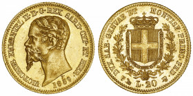 ITALIE
Savoie-Sardaigne, Victor-Emmanuel II (1849-1861). 20 lire 1859, ancre, Gênes.
Fr.1147 ; Or - 6,42 g - 21 mm - 6 h 
Superbe.