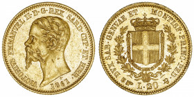 ITALIE
Savoie-Sardaigne, Victor-Emmanuel II (1849-1861). 20 lire 1861, Tête d’aigle, Turin.
Fr.1146 ; Or - 6,41 g - 21 mm - 6 h 
Presque Superbe....