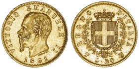ITALIE
Savoie-Sardaigne, Victor-Emmanuel II (1849-1861). 20 lire 1861, T, Turin.
Fr.11 ; Or - 6,43 g - 21 mm - 6 h 
Millésime peu commun. TTB à Sup...