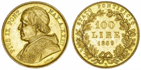 ITALIE
Vatican, Pie IX (1846-1878). 100 lire An XXIII - 1869, R, Rome.
M.338 - P.521 - Fr.278 ; Or - 32,24 g - 35 mm - 6 h 
Seuls 624 exemplaires f...