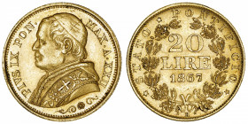 ITALIE
Vatican, Pie IX (1846-1878). 20 lire 1867 - An XXII, R, Rome.
Fr.280 ; Or - 6,43 g - 21,5 mm - 6 h 
Beau TTB.