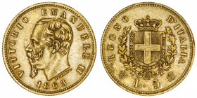 ITALIE
Victor-Emmanuel II (1861-1878). 5 lire 1863, T, Turin.
Fr.16 ; Or - 1,63 g - 17 mm - 6 h 
TTB.