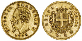 ITALIE
Victor-Emmanuel II (1861-1878). 5 lire 1865, T, Turin.
Fr.16 ; Or - 1,64 g - 17 mm - 6 h 
TTB à Superbe.