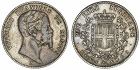 ITALIE
Victor-Emmanuel II (1861-1878). 2 lire 1860, Florence.
KM.12 ; Argent - 9,80 g - 27 mm - 6 h 
Rare. TB.