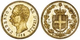 ITALIE
Umberto I (1878-1900). 20 lire 1888, R, Rome.
Fr.21 ; Or - 6,41 g - 21 mm - 6 h 
Beau TTB.