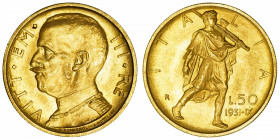 ITALIE
Victor-Emmanuel III (1900-1946). 50 lire 1931, R, Rome.
Fr.34 ; Or - 4,46 g - 21 mm - 6 h 
Superbe.