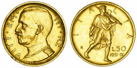 ITALIE
Victor-Emmanuel III (1900-1946). 50 lire 1931, R, Rome.
Fr.34 ; Or - 4,40 g - 21 mm - 6 h 
Nettoyé. TTB à Superbe.