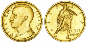 ITALIE
Victor-Emmanuel III (1900-1946). 50 lire 1931, R, Rome.
Fr.34 ; Or - 4,39 g - 21 mm - 6 h 
Superbe.