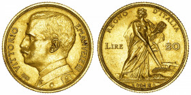 ITALIE
Victor-Emmanuel III (1900-1946). 20 lire 1912, R, Rome.
Fr.28 ; Or - 6,47 g - 21 mm - 6 h 
Superbe.