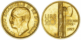 ITALIE
Victor-Emmanuel III (1900-1946). 20 lire 1923, R, Rome.
Fr.31 ; Or - 6,45 g - 21 mm - 6 h 
Superbe.