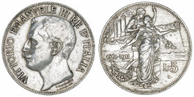 ITALIE
Victor-Emmanuel III (1900-1946). 5 lire pour le cinquantenaire du Royaume 1911, R, Rome.
KM.53 ; Argent - 24,97 g - 37 mm - 12 h
Nettoyé. TT...