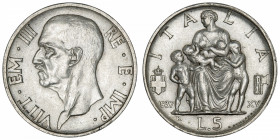 ITALIE
Victor-Emmanuel III (1900-1946). 5 lire 1937, R, Rome.
KM.79 ; Argent - 5 g - 23 mm - 6 h 
Superbe.