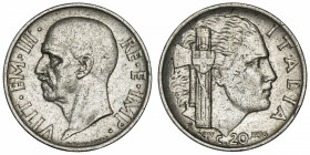 ITALIE
Victor-Emmanuel III (1900-1946). 20 centesimi 1936, R, Rome.
KM.75 ; Nickel - 4,05 g - 21,5 mm - 6 h 
Type peu commun. TTB.