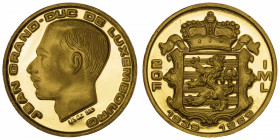 LUXEMBOURG
Jean (1964-2000). 20 francs, 150ème anniversaire du Grand Duché 1989.
Fr.12 ; Or - 6,20 g - 21 mm - 6 h 
Fleur de coin.