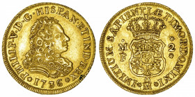 MEXIQUE
Philippe V (1700-1746). 2 escudos 1736 MF, M°, Mexico.
Aureo 1900 - KM.124 - Fr.10 ; Or - 6,72 g - 23 mm - 12 h 
Rare. Flan assez large et ...