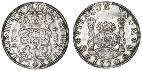MEXIQUE
Charles III (1759-1788). 8 réaux 1770 FM, M°, Mexico.
KM.105 ; Argent - 26,70 g - 39 mm - 12 h 
Nettoyé. TB à TTB.