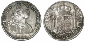 MEXIQUE
Charles IV (1788-1808). 8 réaux 1804 TH, M°, Mexico.
KM.109 ; Argent - 26,75 g - 39 mm - 12 h 
TB/TTB.
