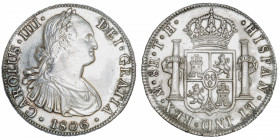 MEXIQUE
Charles IV (1788-1808). 8 réaux 1806 TH, M°, Mexico.
KM.109 ; Argent - 26,90 g - 39 mm - 12 h 
Nettoyé. TTB.