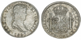 MEXIQUE
Ferdinand VII (1808-1833). 8 réaux 1820 AG, Zacatecas.
KM.111.5 ; Argent - 26,61 g - 40 mm - 12 h 
TB.