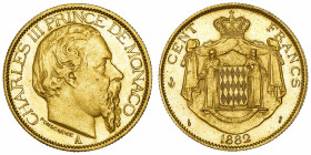 MONACO
Charles III (1853-1889). 100 (Cent) francs 1882, A, Paris.
G.MC.122 - CC.179 - Fr.11 ; Or - 32,27 g - 35 mm - 6 h 
TTB à Superbe.