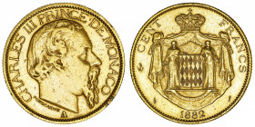 MONACO
Charles III (1853-1889). 100 (Cent) francs 1882, A, Paris.
G.MC.122 - CC.179 - Fr.11 ; Or - 32,23 g - 35 mm - 6 h 
TTB.