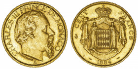 MONACO
Charles III (1853-1889). 100 (Cent) francs 1884, A, Paris.
G.MC.122 - CC.179 - Fr.11 ; Or - 32,26 g - 35 mm - 6 h 
Superbe.