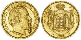 MONACO
Charles III (1853-1889). 100 (Cent) francs 1886, A, Paris.
G.MC.122 - CC.179 - Fr.11 ; Or - 32,21 g - 35 mm - 6 h 
TTB.